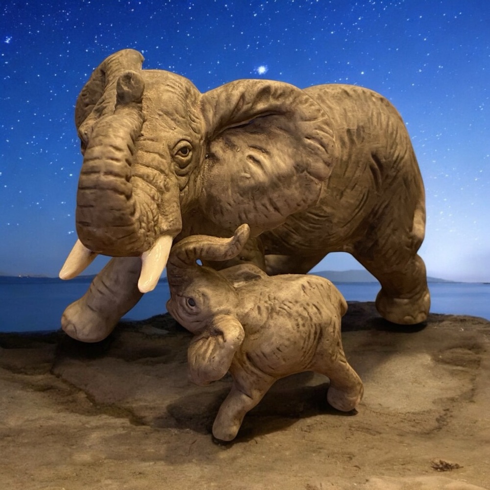 Vintage Ardco Dallas Mother Elephant & Calf Ceramic Figurine Taiwan 1970s